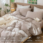 MooMee Gingham Duvet Cover Set 100% Washed Cotton Linen Like Textured Breathable Durable Soft Comfy Modern Checkered Design (Brown Gingham, Twin 68"x90")