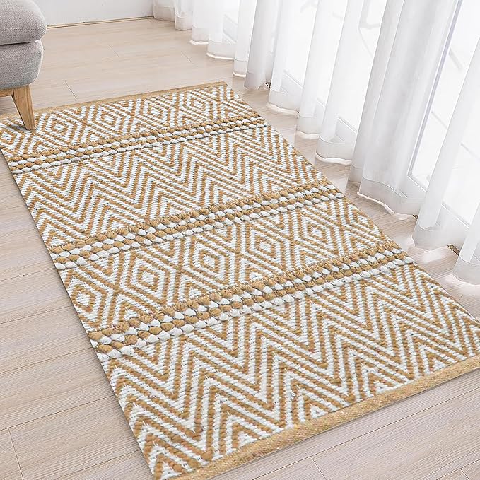Bedding Craft Jute Cotton Stripe Area Rug for Living Room 24x36 Inch - Natural Ivory - Machine Washable 2x3 Feet Rugs - 70% Jute and 30% Cotton