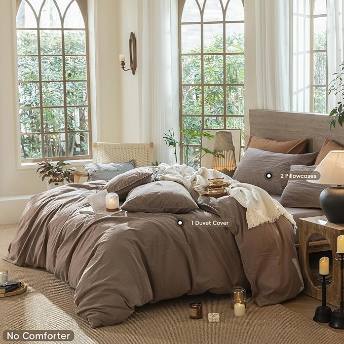 MooMee Wavy Striped Duvet Cover Set 100% Washed Cotton Linen Like Textured Breathable Durable Soft Comfy (Brown, Super Queen 90"x98")