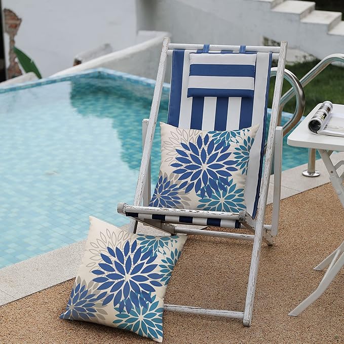 DFXSZ Blue Flower Pillow Covers 20x20 Inch Set of 2 Dark and Light Blue Colored Pillow Farmhouse Outdoor Waterproof Decor for Patio Funiture Garden Summer Floral Square Polyester Pillow Covers 002E20