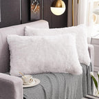 WERDIM Shaggy Fluffy Faux Fur Pillowcases 2 Pack Button Closure Velvet Pillow Shams Standard/Queen Size (White, 20 X 26 Inches)