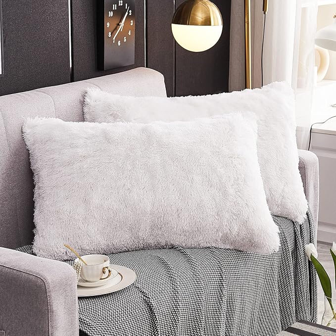 WERDIM Shaggy Fluffy Faux Fur Pillowcases 2 Pack Button Closure Velvet Pillow Shams Standard/Queen Size (White, 20 X 26 Inches)