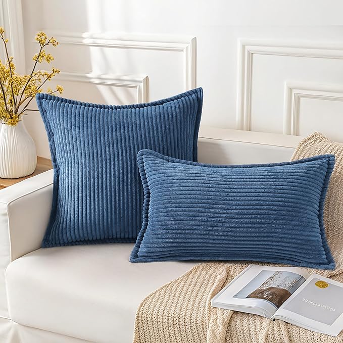 Mecatny Corduroy Throw Pillow Covers 26x26 Set of 2, Neutral Decorative Soft Boho Couch Pillow Covers with Broadside for Sofa Living Room, Navy