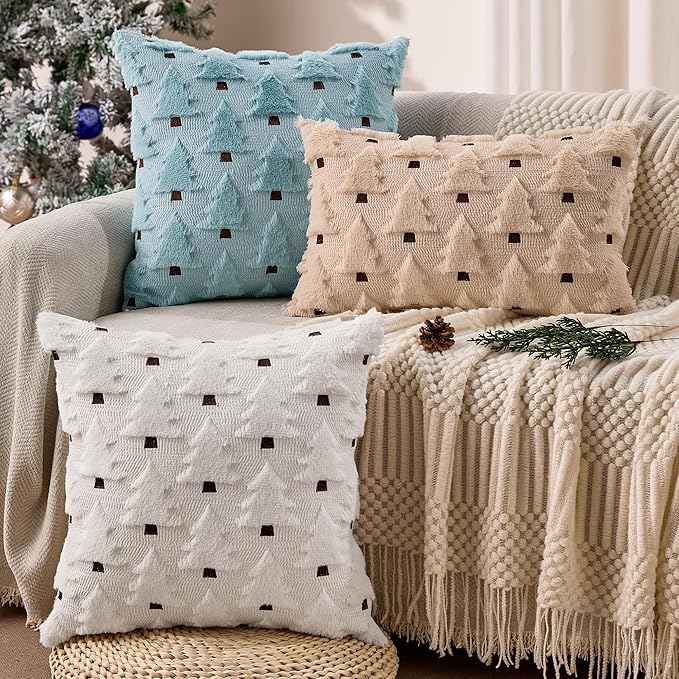 Christmas Pillow Covers 20x20 inch Set of 2 Blue Christmas Decorations Soft Plush Faux Fur Wool Xmas Tree Throw Pillow Cases Winter Holiday Decor for Sofa Living Room PT002F20