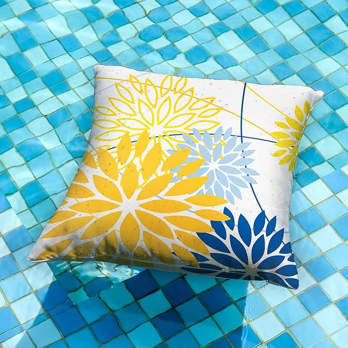Yellow Blue Outdoor Pillow Cover 18X18 Inch Set of 2 Outdoor Waterproof Summer Floral Yellow Decorative Pillow case Decor for Couch Patio Funiture Garden Print Polyester Cushion Cover 01J18