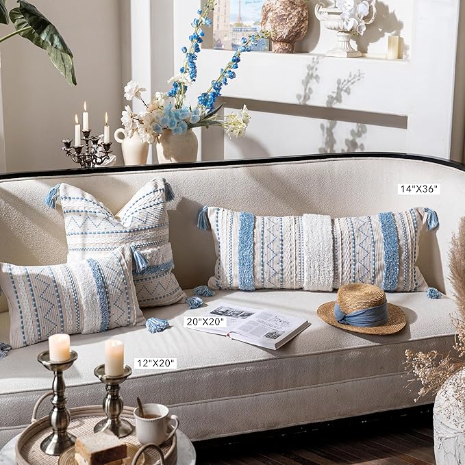 BlissBlush Blue Decorative Lumbar Throw Pillow Cover 14x36 Boho Long Cushion for Bed Neutral White Accent Farmhouse Pillowcase for Bedroom Living Room Couch Sofa Home Décor (Cover ONLY, Pack of 1)