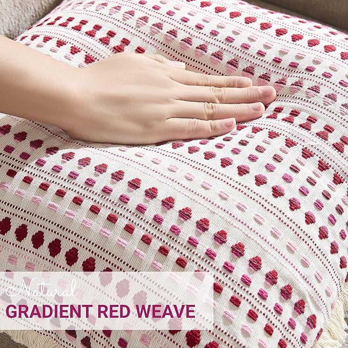 Decorative Pillow Covers Set of 2, Boho Farmhouse Couch Throw Pillows with Tassels, Textured Small Dot Pattern Cushion Cases for Sofa Living Room Home Decor (Red, 18" x 18" (Pack of 2))