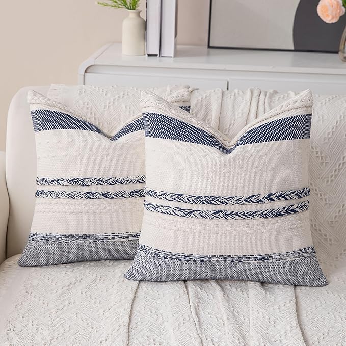 Decorative Boho Navy Blue Striped Pillow Covers Set of 2-18x18 Inch Farmhouse Accent Boho Throw Pillows Neutral Coastal Textured Square Pillowcase for Couch Living Room Bed Sofa, Home Decor