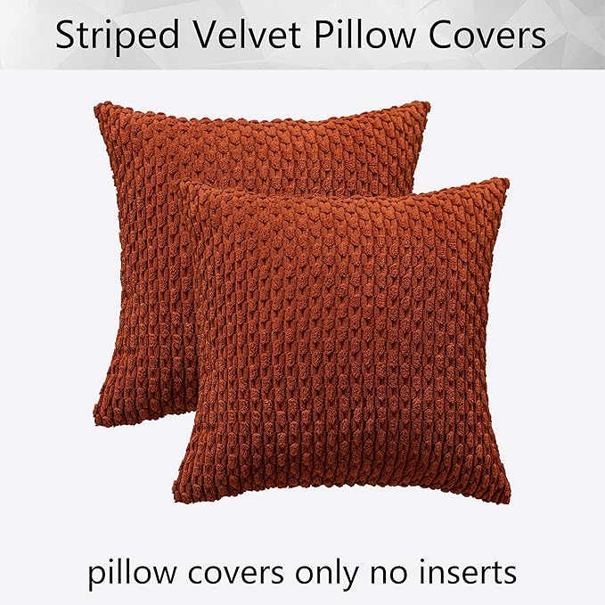 Kevin Textile Fall Corduroy Striped Soft Soild Decorative Square Throw Pillow Covers Set Autumn Cushion Cases Pillowcases for Sofa Bedroom 2 Pcs 16x16 Inch Burnt Brick