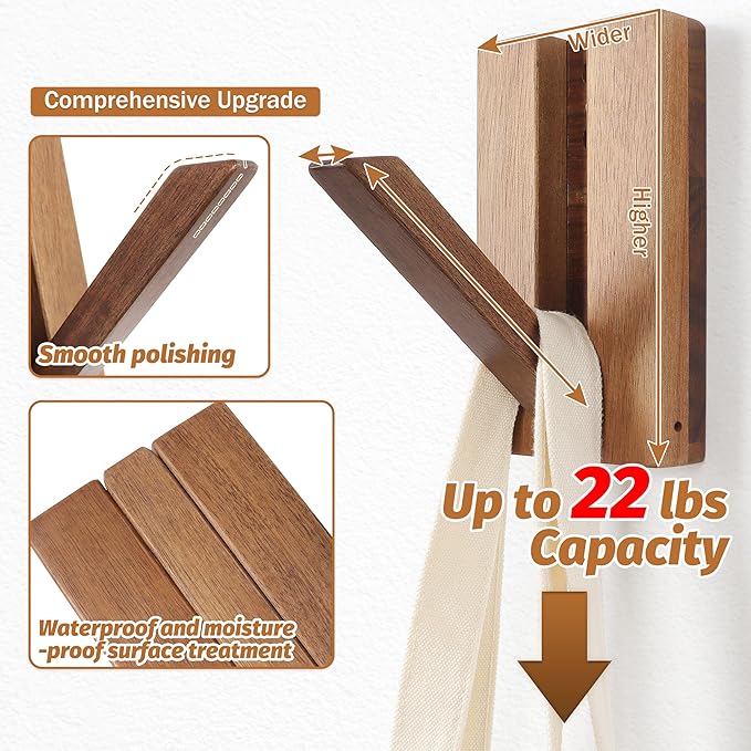 Foldable Wall Hooks 4Pack: Rustic Wooden Coat Hooks Mounted for Heavy Duty Hanging Towels Backpack Bags Hats, Space Saving Minimalist Decorative Hooks for Aesthetic Homeowners