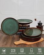 Ceramic Dinner Plates Set of 6, 10 Inch Handmade Reactive Glaze Stoneware Plates, Modern Rustic Dinnerware, Microwave & Dishwasher Safe, Scratch Resistant-Brown and Green