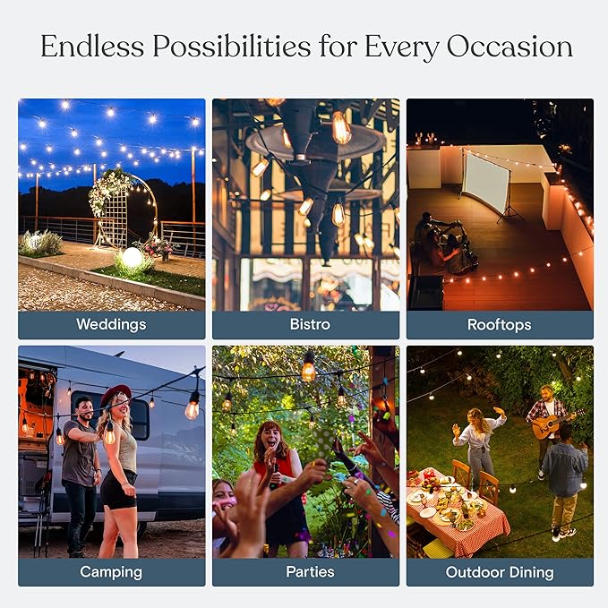 Brightech Ambience Pro Solar Powered Outdoor String Lights, 48ft Remote Control Commercial Grade Waterproof Patio Lights, 15 Edison Bulbs, Shatterproof LED String Lights for Outside - 1W Soft White
