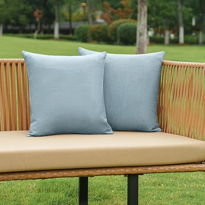 NiNi ALL Pack of 2 Decorative Outdoor Waterproof Pillow Covers Square Garden Linen Textured Cushion Sham Throw Pillowcase Set of 2 for Patio Farmhouse Garden Tent Couch 18x18 Inch Light Blue
