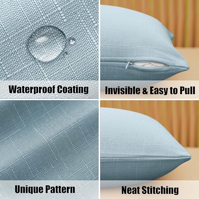 NiNi ALL Pack of 2 Decorative Outdoor Waterproof Pillow Covers Square Garden Linen Textured Cushion Sham Throw Pillowcase Set of 2 for Patio Farmhouse Garden Tent Couch 22x22 Inch Light Blue