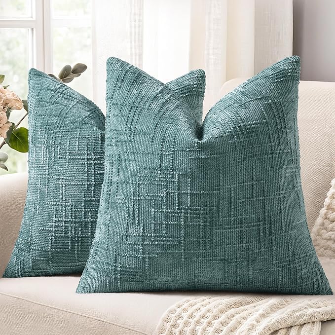 decorUhome Teal Chenille Throw Pillow Covers 18x18 Set of 2 Thick Textured Slubby Couch Pillow Covers Farmhouse Accent Modern Neutral Decorative Pillow Cases for Bed Sofa Living Room