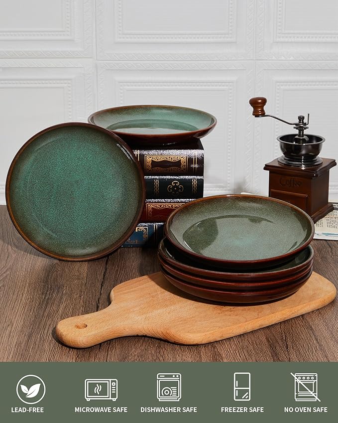 Ceramic Salad Plates Set of 6, 8.0 Inch Reactive Glaze Dish Set, Small Dinner Plate for Dessert, Salad, Appetizer, Microwave & Dishwasher Safe, Scratch Resistant-Brown and Green