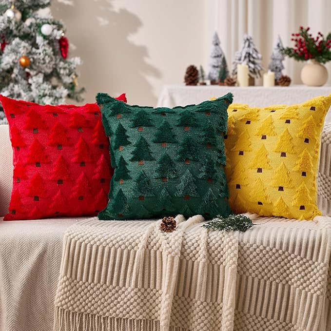 Christmas Pillow Covers 18x18 inch Set of 2 Yellow Xmas Decorations Soft Plush Faux Fur Wool Christmas Tree Throw Pillow Cases Winter Holiday Decor for Sofa Living Room PT002G18
