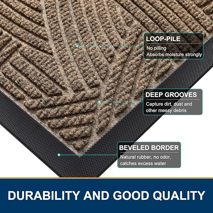 Smiry Front Door Mat Indoor Outdoor Entrance, Heavy Duty Natural Rubber, Sturdy Trap Dirt, Moisture Doormat and Easy Clean Low Profile Patio Porch Entryway Mat, 36x24 Inch, Brown/Geometric