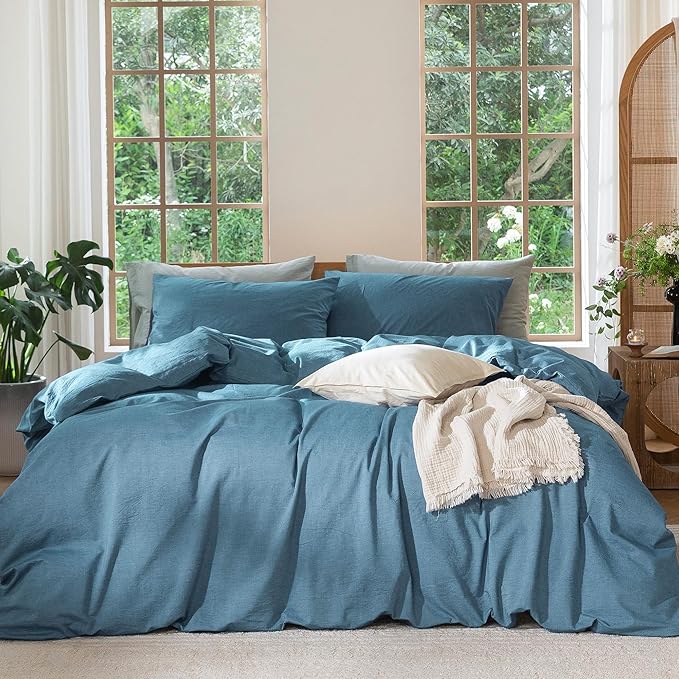MooMee Bedding Duvet Cover Set 100% Washed Cotton Linen Like Textured Breathable Durable Soft Comfy (Heathered Peacock Blue, Palatial King/Oversized King 120"x98")