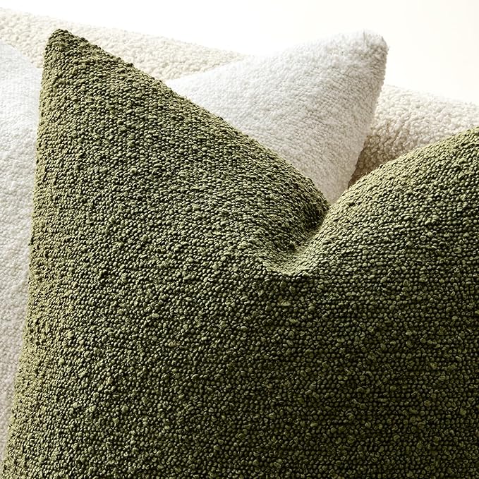 ANRODUO Pack of 2 Textured Boucle Throw Pillow Covers Soft Moss Green Decorative Accent Solid Pillow Cases Cozy Modern Couch Cushion Case for Chair Sofa Bedroom Living Room Home Decor, 20 x 20 Inch
