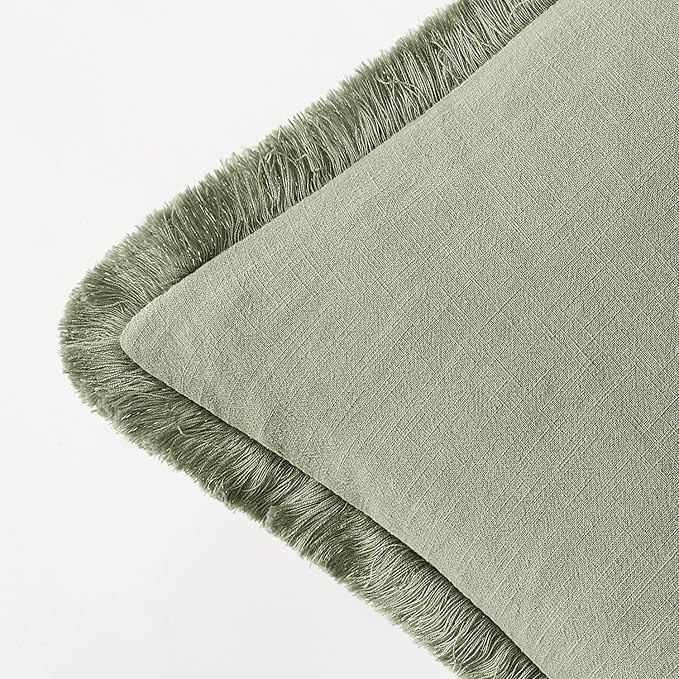 EMEMA Linen Fringe Throw Pillow Covers Set of 2 Boho Farmhouse Accent Decorative Pillowcase with Tassels for Couch Sofa Bed Living Room Home Decor 22x22 Inch,Sage Green