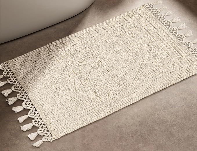 Savi Home Cotton Woven Jacquard Bathroom Rug, Woven Fringe Bathroom Mats, 100% Cotton, Non - Slip Bath Mat, Durable Thick Bath Mat 20”x38” with Fringes, Ivory