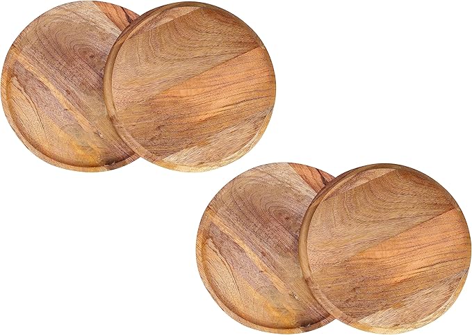 CLEENTABLE 11" Mango Wood Appetizer Plates Set of 4 - Handcrafted Round Plates for Salad, Dinner, Pasta, Dessert, Appetizer, Sushi, Fruit for Serving, Durable Dinnerware for Parties (Natural)