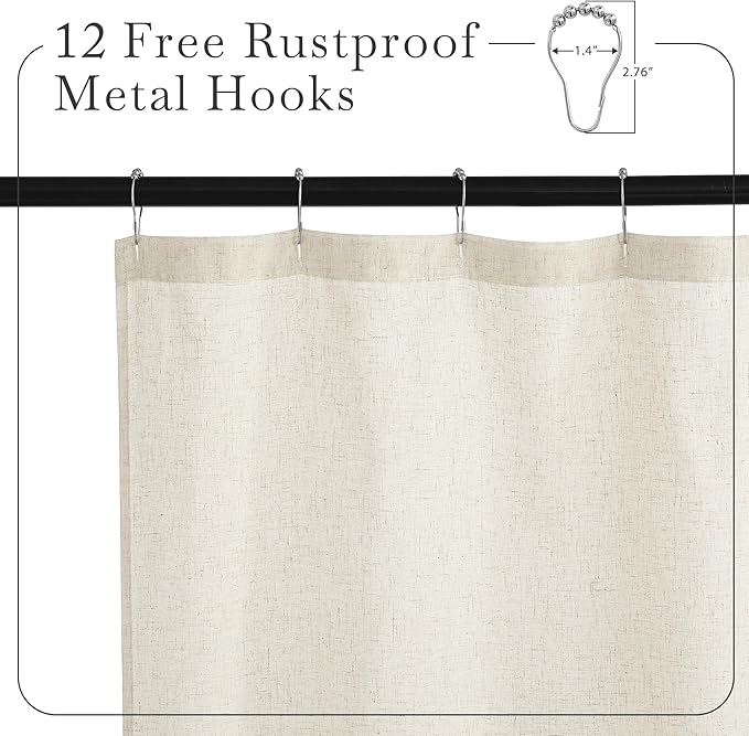 KGORGE Natural Linen Shower Curtain for Bathroom - Linen Blend Button Hole Semi Sheer Lightweight Waterproof Shower Curtains for Bathtub, 72 x 90 inches Long, Hooks Included