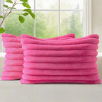 decorUhome Faux Fur Throw Pillow Covers 12x20 Set of 2, Decorative Soft Plush Striped Lumbar Neutral Couch Euro Pillow Covers with Velvet Back for Sofa, Bed, Living Room Home Decor, Hot Pink