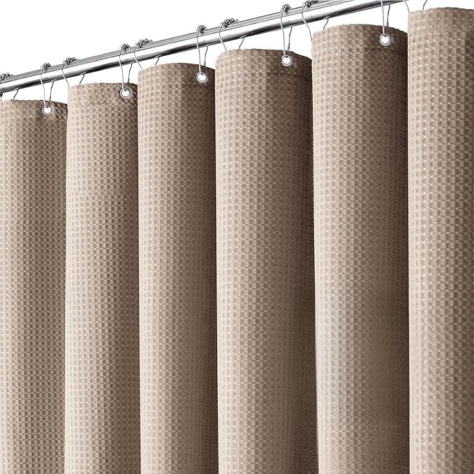 Inhousolu Fabric Shower Curtain Waffle Weave, 230 GSM Heavy Duty, Weighted Hem, 14 Metal Hooks, Water Repellent, Machine Washable, Hotel Spa Luxury Bath Curtain Set, 72 x 96 Inch, Beige