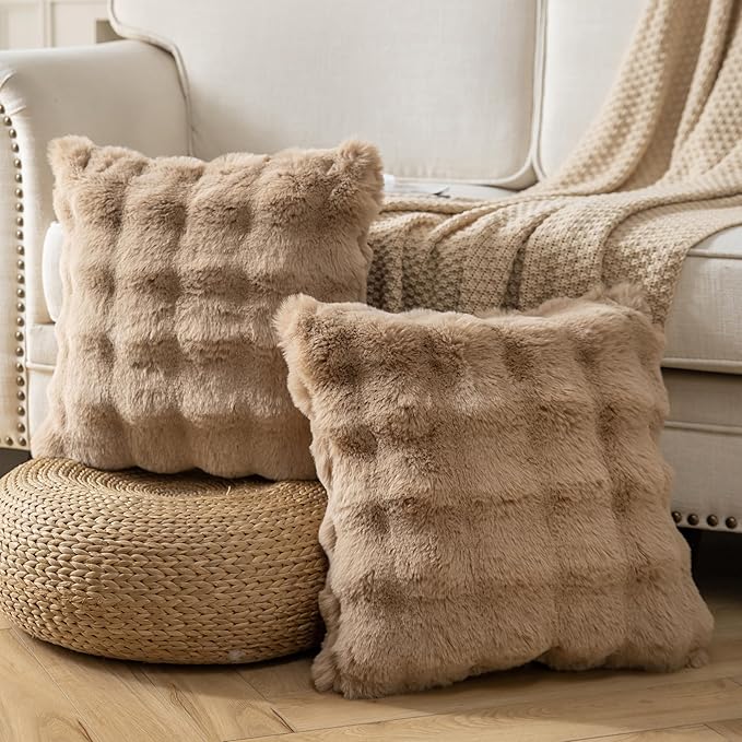 Pack of 2 Thick Plush Throw Pillow Covers Fluffy Wave Faux Fur Decorative Cushion Covers Soft Wool Pillowcase for Sofa Couch Livingroom 20x20 Inch Camel