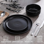 LIANYU Stoneware Dinnerware Sets for 4, 12 Piece Plates and Bowls Set, Ceramic Dishware Dishes for Dining, Scratch Resistant Kitchen Porcelain Plates, Microwave & Dishwasher Safe, Matte Black