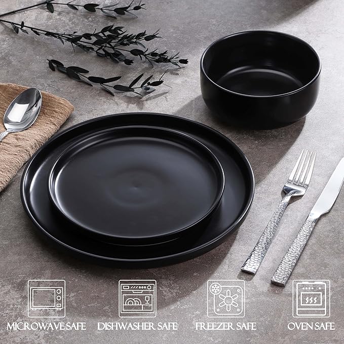 LIANYU Stoneware Dinnerware Sets for 4, 12 Piece Plates and Bowls Set, Ceramic Dishware Dishes for Dining, Scratch Resistant Kitchen Porcelain Plates, Microwave & Dishwasher Safe, Matte Black
