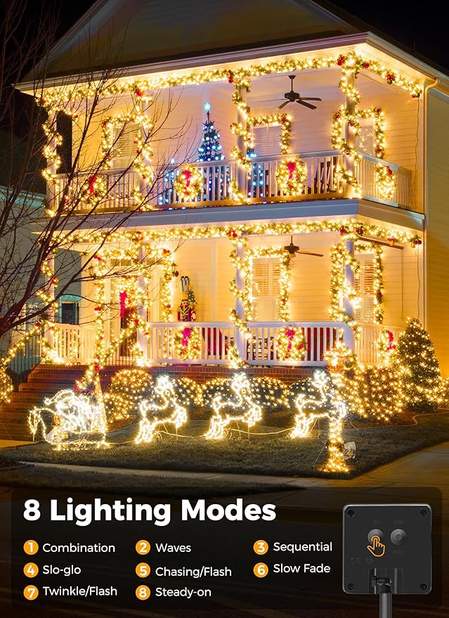 Solar String Lights for Outside, 2-Pack 200LED 78FT Total Solar Lights Outdoor IP65 Waterproof Solar Powered Lights with 8 Lighting Modes for Party Garden Yard Holiday Tree Decoration, Warm White