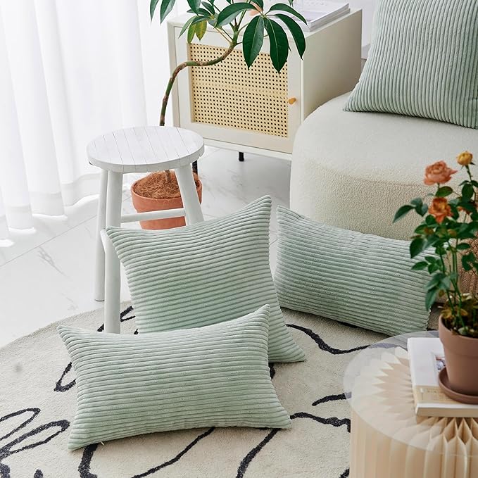 Home Brilliant Sage Green Lumbar Spring Pillow Cover Corduroy Plush Velvet Oblong Decorative Rectangle Pillowcases for Bed Couch Sofa Decor, Set of 2, 12 x 20 inches(30x50cm), Mint