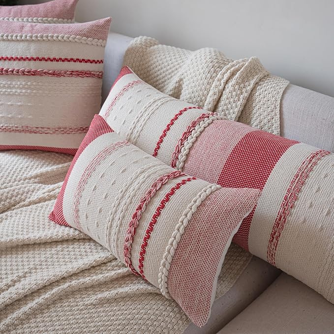 Christmas Lumbar Pillow Covers 14x36 Inch Long, Red Textured Boho Christmas Decorative Couch Pillow Cases for Farmhouse Home Decor, Accent Cushion Cover for Sofa, Bed, Living Room, Bedroom, Pack of 1