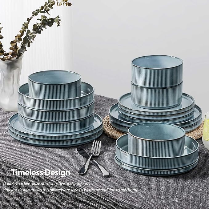 LIANYU Dinnerware Plates and Bowls Dishes Set, 24 Piece Elegant Stoneware Sets with Pasta Bowls for 6, Modern Ribbed Ceramic Dining Ware Dishware for Restaurant Wedding, Dishwasher Safe, Slate Blue