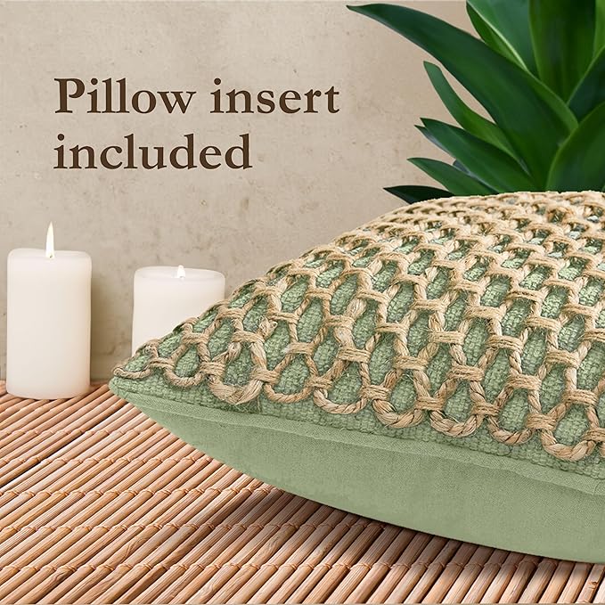 Boho Living Jada Premium Woven Design, Living Room Décor, Decorative Throw, (1) 18" x 18" Pillow Cover with Insert, Sage Green
