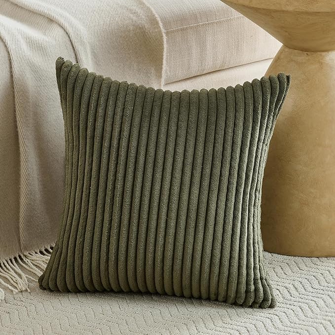 Fancy Homi Set of 2 Olive Green Decorative Throw Pillow Covers 18x18 Inch for Couch Bed Chair, Aesthetic Rustic Boho Home Decor, Soft Fuzzy Double Sided Thick Corduroy Cute Textured Cushion Case 45cm