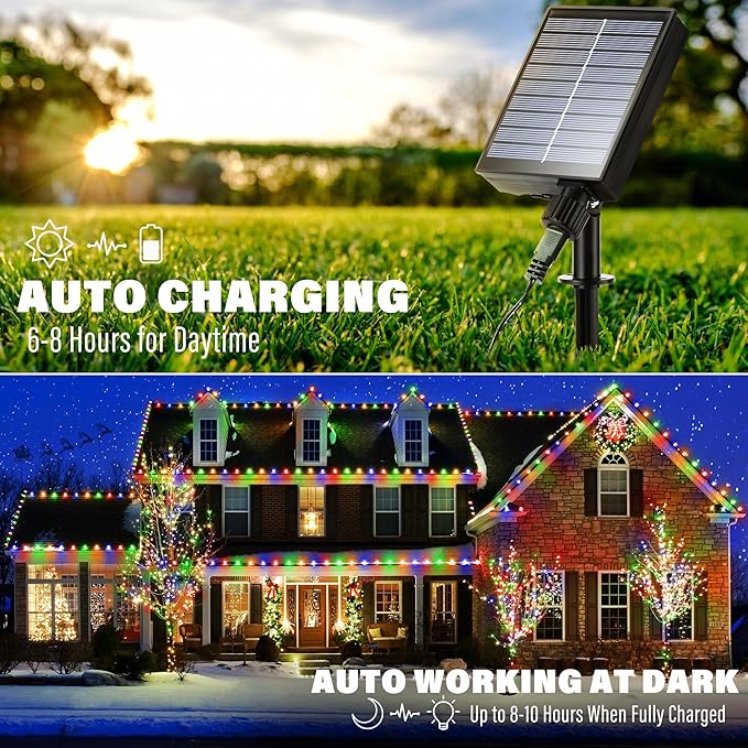iBaycon Solar C6 Christmas Lights Outdoor, 48FT 100LED C6 Strawberry String Light, 8 Modes Solar Powered Lights String for Xmas Tree House Eaves Roof Christmas Holiday Decorations