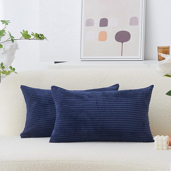 Home Brilliant Throw Pillow Covers 12x20 Decorative Plush Striped Velvet Corduroy Oblong Rectangular Accent Cushion Cover, 12 x 20 inch, Navy Blue