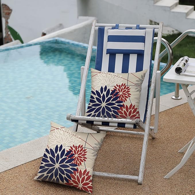 DFXSZ 4th of July Pillow Covers 18x18 Inch Set of 2 Patriotic Blue Red Floral Outdoor Waterproof Decorative Throw Pillows Polyester Cushion Case Decor for Patio Funiture Garden Couch 01H18