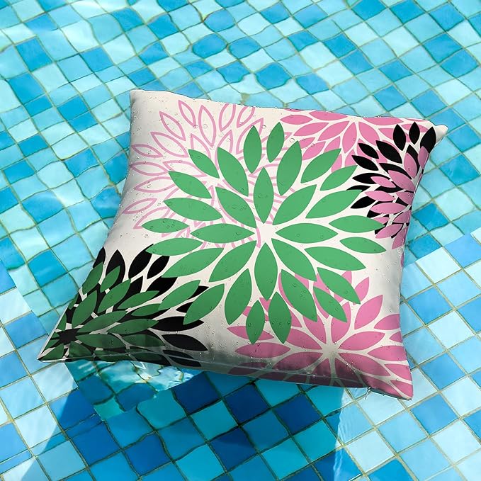 DFXSZ Green Pink Black Flower Pillow Covers 16x16 Inch Set of 2 Outdoor Throw Pillows Outdoor Waterproof Decor for Living Room Sofa Patio Funiture Garden Floral Polyester Pillow Covers 012B16
