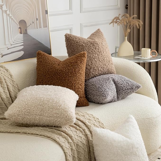 Pack of 2 Curly Teddy Wool Faux Fur Throw Pillow Covers Fuzzy Accent Soft Sherpa Pillowcases Sheepskin Fleece Decorative Cushion Case for Sofa Couch Living Room 22x22 Inch Khaki