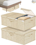 Deep Under Bed Storage Container, 10" Tall Height Underbed Box Bin with Lids 31" Long Large Basket for Under Bed, Bedroom, Dorms, Clothes, Bed sheets, Blankets, 2 Pack, Beige