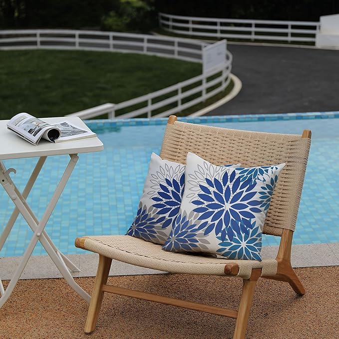 DFXSZ Blue Flower Pillow Covers 16x16 Inch Set of 2 Dark and Light Blue Colored Pillow Farmhouse Outdoor Waterproof Decor for Patio Funiture Garden Summer Floral Square Polyester Pillow Covers 002E16