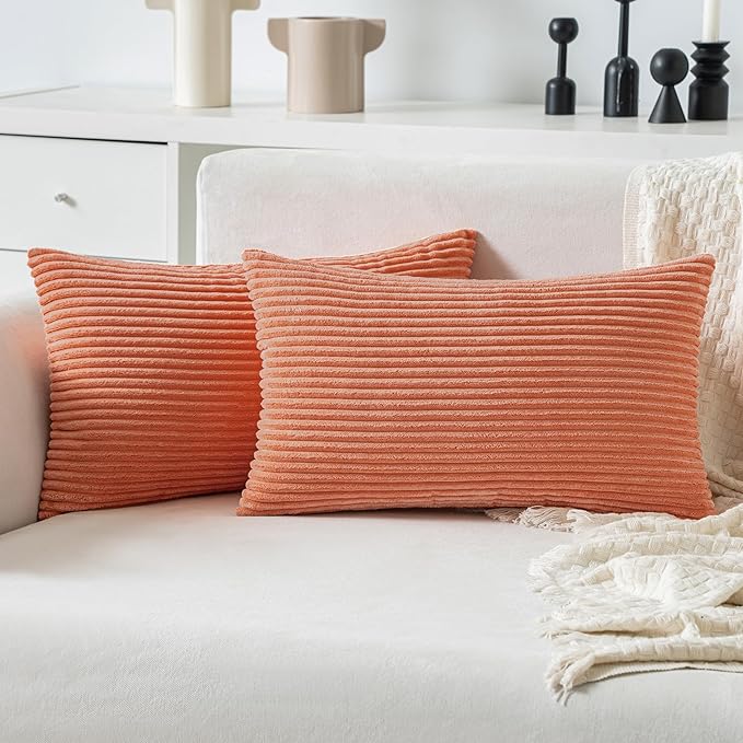 MIULEE Coral Red Corduroy Pillow Covers 12x20 Inch Set of 2 Super Soft Boho Striped Pillow Covers Decorative Textured Throw Pillows for Couch Cushion Bed Livingroom