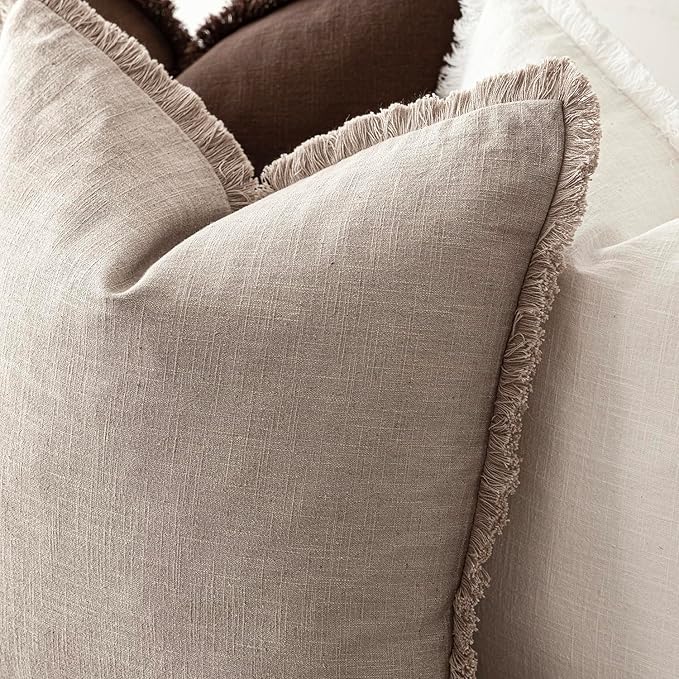 Foindtower Set of 2 Decorative Linen Fringe Throw Pillow Covers Farmhouse Cushion Cover with Tassels Soft Accent Pillowcase for Couch Chair Sofa Bed Living Room Home Decor,20×20 Inch,Natural Linen