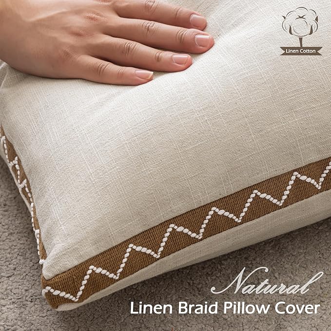 Decorative Neutral Linen Throw Pillow Covers 18x18 Inch Set of 2, Boho Farmhouse Pillow Covers with Braid Fringe for Sofa Bed Modern Couch Pillow Cases for Organic Home Decor