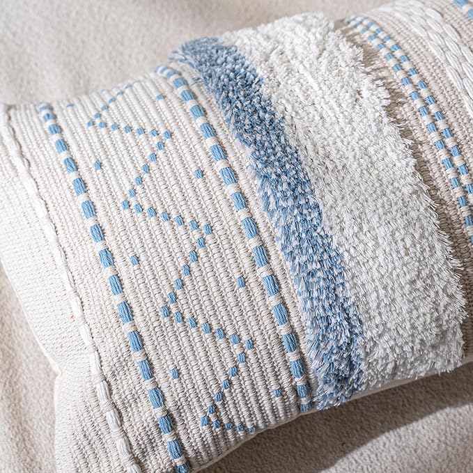 BlissBlush Blue Decorative Throw Pillow Cover 18x18 Square Boho Neutral White Accent Pillowcase Tassels Farmhouse Cushion for Couch Sofa Bedroom Living Room Home Décor (Cover ONLY, Pack of 1)